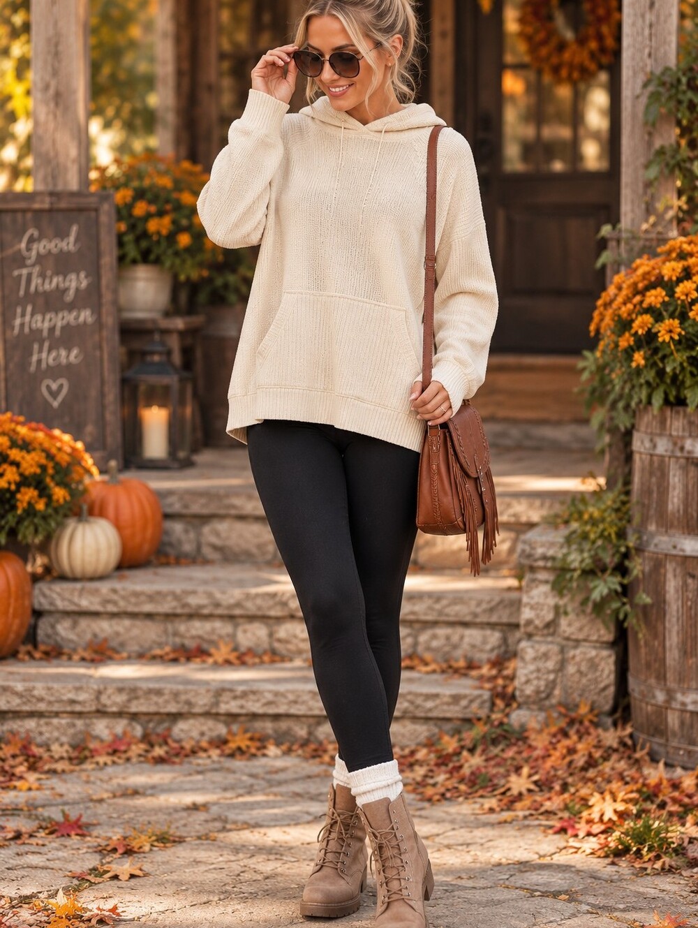 aerie Cream Hooded Ribbed Pullover Sweater‎